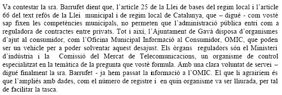 Resposta del Govern Municipal de Gav&agrave; a la pregunta formulada per ERC sobre el preu de l'ADSL a Gav&agrave; Mar (29 de mar&ccedil; de 2007)
